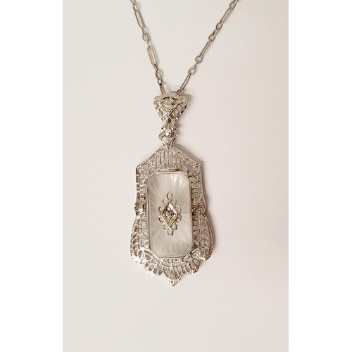 4 - A DELICATE EDWARDIAN STYLE 14CT WHITE GOLD DIAMOND CAMPHOR GLASS PENDANT NECKLACE, the rectangular s... 