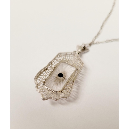 4 - A DELICATE EDWARDIAN STYLE 14CT WHITE GOLD DIAMOND CAMPHOR GLASS PENDANT NECKLACE, the rectangular s... 