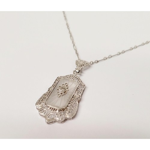 4 - A DELICATE EDWARDIAN STYLE 14CT WHITE GOLD DIAMOND CAMPHOR GLASS PENDANT NECKLACE, the rectangular s... 