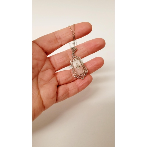 4 - A DELICATE EDWARDIAN STYLE 14CT WHITE GOLD DIAMOND CAMPHOR GLASS PENDANT NECKLACE, the rectangular s... 