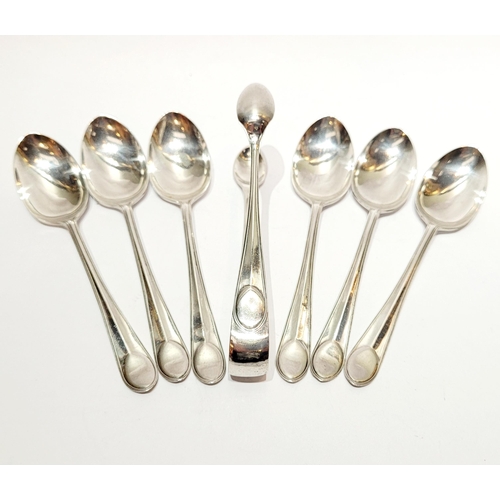 45 - A CASED SET OF SIX SILVER SPOONS & A SUGAR TONGS, each with matching design & in a beautiful origina... 