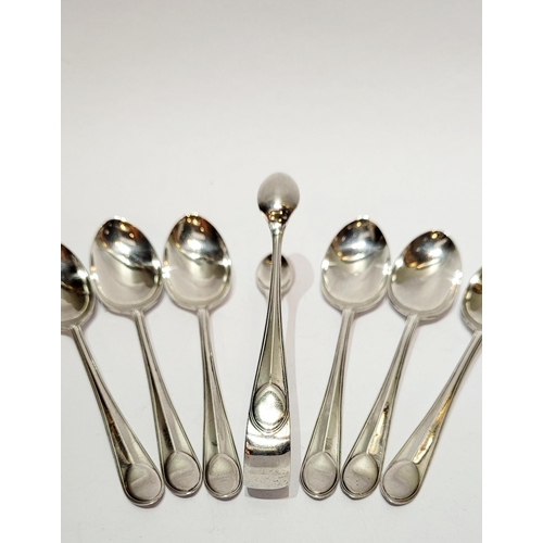 45 - A CASED SET OF SIX SILVER SPOONS & A SUGAR TONGS, each with matching design & in a beautiful origina... 