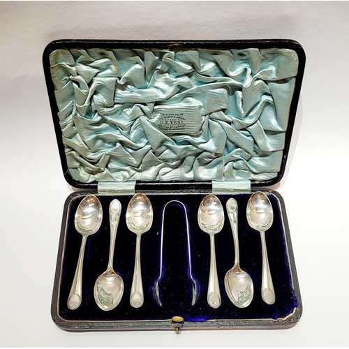 45 - A CASED SET OF SIX SILVER SPOONS & A SUGAR TONGS, each with matching design & in a beautiful origina... 