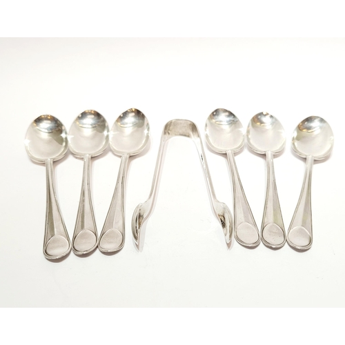 45 - A CASED SET OF SIX SILVER SPOONS & A SUGAR TONGS, each with matching design & in a beautiful origina... 