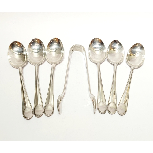 45 - A CASED SET OF SIX SILVER SPOONS & A SUGAR TONGS, each with matching design & in a beautiful origina... 