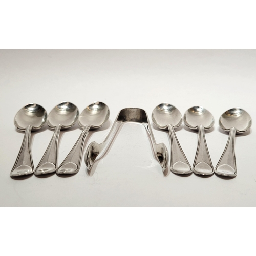 45 - A CASED SET OF SIX SILVER SPOONS & A SUGAR TONGS, each with matching design & in a beautiful origina... 