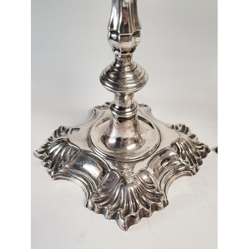 48 - AN EXPERTLY CRAFTED PAIR OF IRISH MID 18TH CENTURY GEORGE II SILVER CANDLE STICKS, by J. Dolier of D... 