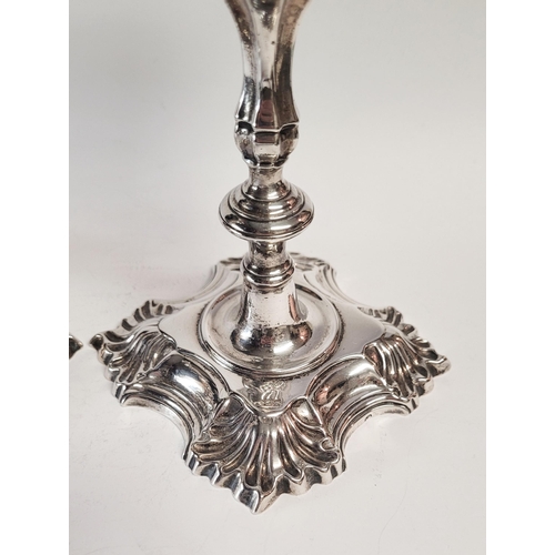 48 - AN EXPERTLY CRAFTED PAIR OF IRISH MID 18TH CENTURY GEORGE II SILVER CANDLE STICKS, by J. Dolier of D... 