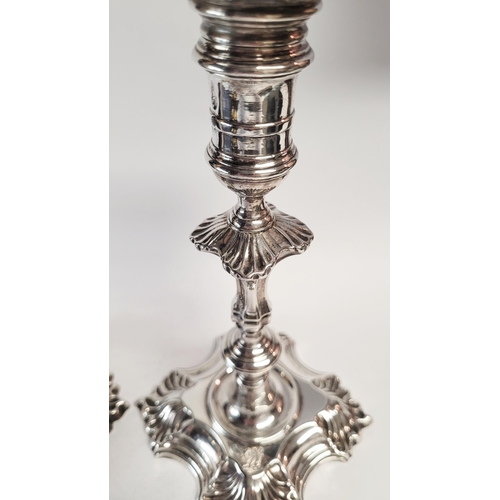 48 - AN EXPERTLY CRAFTED PAIR OF IRISH MID 18TH CENTURY GEORGE II SILVER CANDLE STICKS, by J. Dolier of D... 