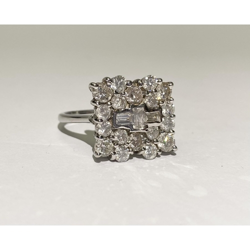 5 - A FANTASTIC 18CT WHITE GOLD ART DECO STYLE DIAMOND CLUSTER RING, with three central baguette cut dia... 