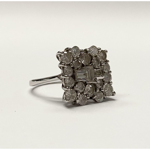 5 - A FANTASTIC 18CT WHITE GOLD ART DECO STYLE DIAMOND CLUSTER RING, with three central baguette cut dia... 