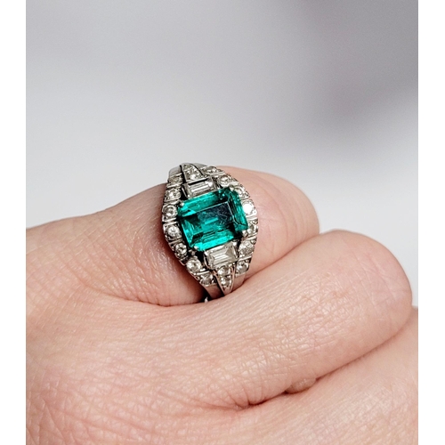 50 - A SPECTACULAR ART DECO MID CENTURY EMERALD & DIAMOND CLUSTERING RING; this fantastic piece of vintag... 