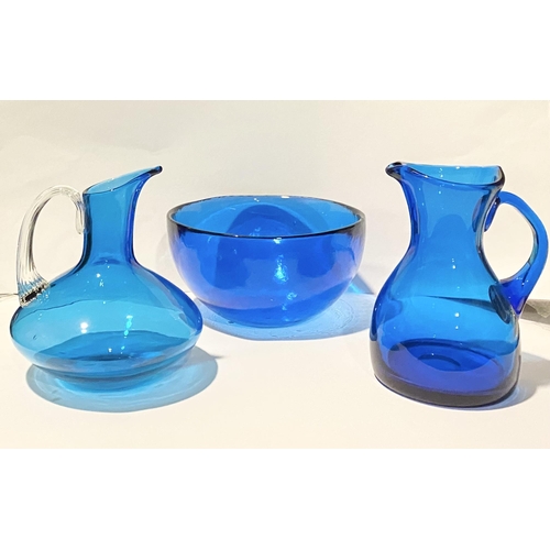 59 - TWO VINTAGE WHITEFRIARS KINGFISHER BLUE GLASS JUG ALONG WITH BLUE GLASS BOWL, (i) Pattern No: 9649 W... 