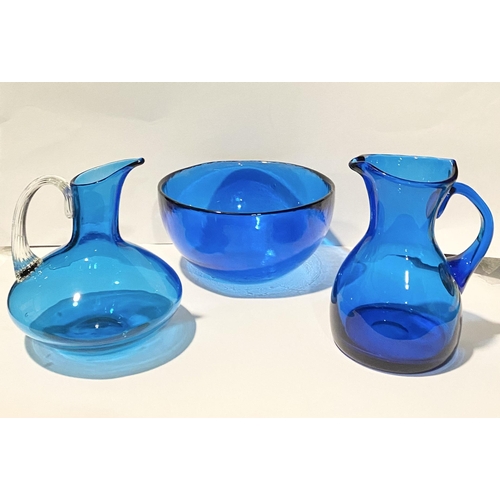 59 - TWO VINTAGE WHITEFRIARS KINGFISHER BLUE GLASS JUG ALONG WITH BLUE GLASS BOWL, (i) Pattern No: 9649 W... 