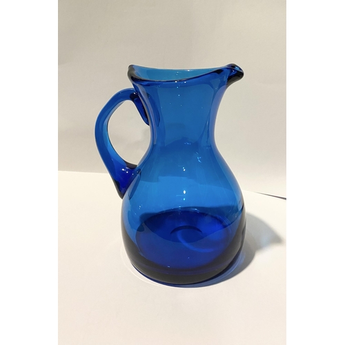 59 - TWO VINTAGE WHITEFRIARS KINGFISHER BLUE GLASS JUG ALONG WITH BLUE GLASS BOWL, (i) Pattern No: 9649 W... 