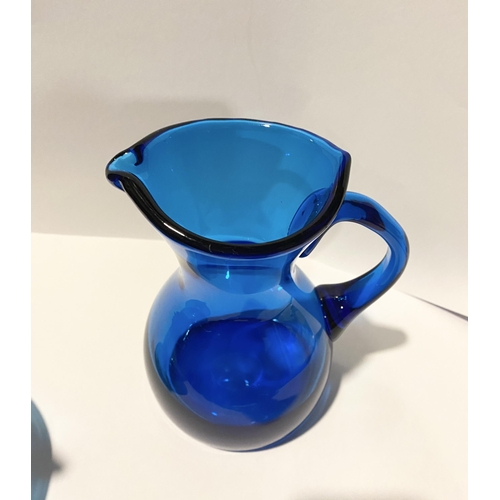 59 - TWO VINTAGE WHITEFRIARS KINGFISHER BLUE GLASS JUG ALONG WITH BLUE GLASS BOWL, (i) Pattern No: 9649 W... 