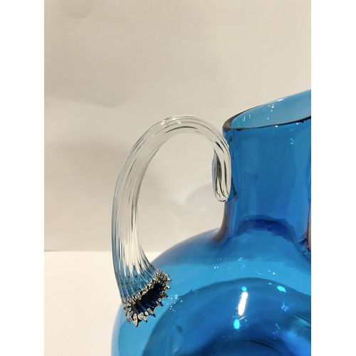 59 - TWO VINTAGE WHITEFRIARS KINGFISHER BLUE GLASS JUG ALONG WITH BLUE GLASS BOWL, (i) Pattern No: 9649 W... 