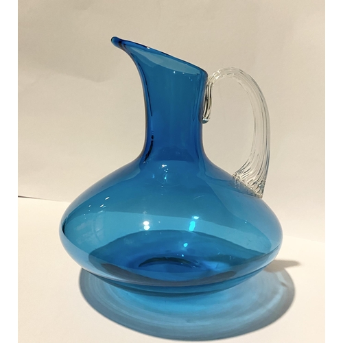 59 - TWO VINTAGE WHITEFRIARS KINGFISHER BLUE GLASS JUG ALONG WITH BLUE GLASS BOWL, (i) Pattern No: 9649 W... 