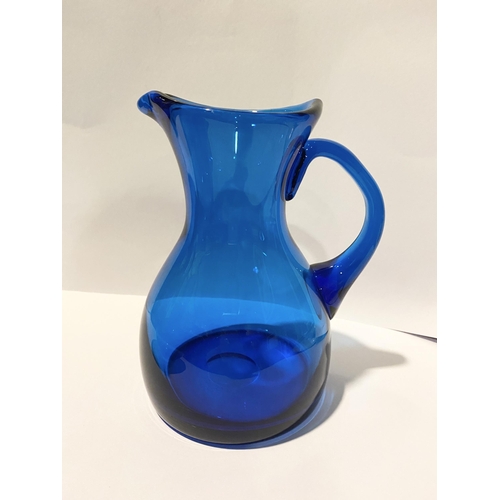 59 - TWO VINTAGE WHITEFRIARS KINGFISHER BLUE GLASS JUG ALONG WITH BLUE GLASS BOWL, (i) Pattern No: 9649 W... 