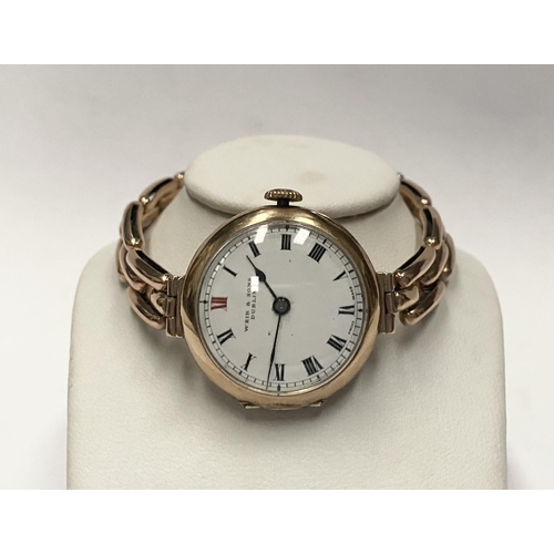 60 - A VINTAGE WEIR & SONS DUBLIN 9CT GOLD CHAIN LINK WRISTWATCH, Swiss Made, with roman numerals to dial... 