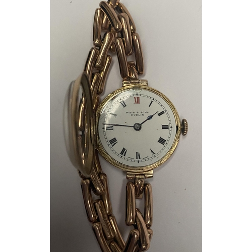 60 - A VINTAGE WEIR & SONS DUBLIN 9CT GOLD CHAIN LINK WRISTWATCH, Swiss Made, with roman numerals to dial... 