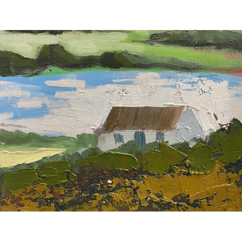 75 - MARTIN STONE (Irish, 20th Century), ‘ISLAND COTTAGE’, oil on canvas, signed lower right, inscribed v... 