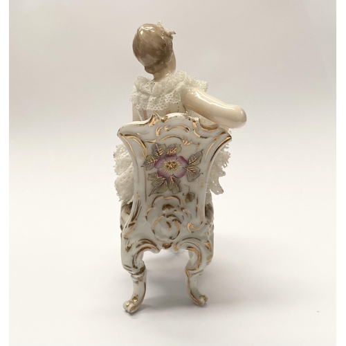 77 - A VINTAGE EUROPEAN LACE PORCELAIN FIGURINE, seated lady reading book, with lace porcelain to dress, ... 