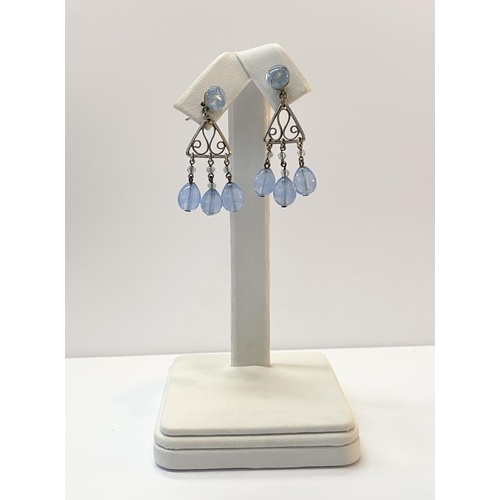 78 - A PRETTY PAIR OF VINTAGE BEADED SILVER FILIGREE DROP EARRINGS, with pale blue bead above triangle wi... 