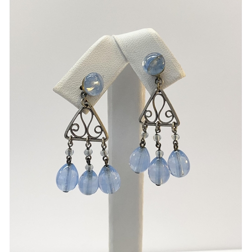 78 - A PRETTY PAIR OF VINTAGE BEADED SILVER FILIGREE DROP EARRINGS, with pale blue bead above triangle wi... 