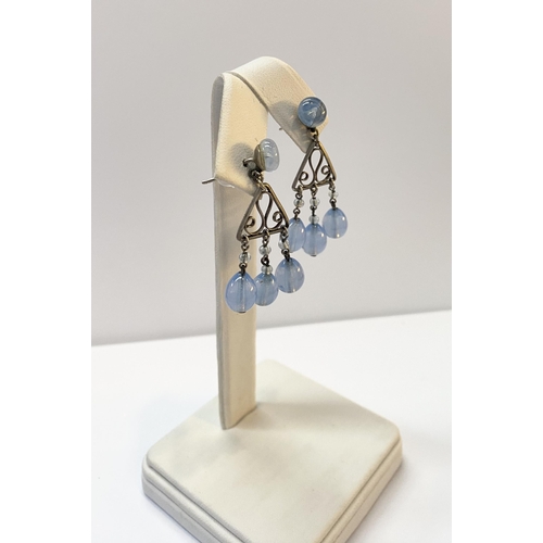 78 - A PRETTY PAIR OF VINTAGE BEADED SILVER FILIGREE DROP EARRINGS, with pale blue bead above triangle wi... 