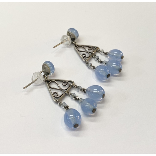 78 - A PRETTY PAIR OF VINTAGE BEADED SILVER FILIGREE DROP EARRINGS, with pale blue bead above triangle wi... 