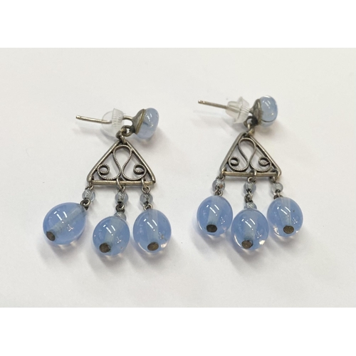 78 - A PRETTY PAIR OF VINTAGE BEADED SILVER FILIGREE DROP EARRINGS, with pale blue bead above triangle wi... 