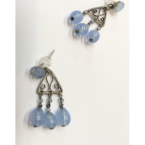 78 - A PRETTY PAIR OF VINTAGE BEADED SILVER FILIGREE DROP EARRINGS, with pale blue bead above triangle wi... 