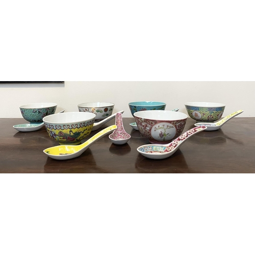 87 - A COLLECTION OF SIX VINTAGE CHINESE RICE BOWLS WITH SPOONS, each finely decorated with intricate han... 