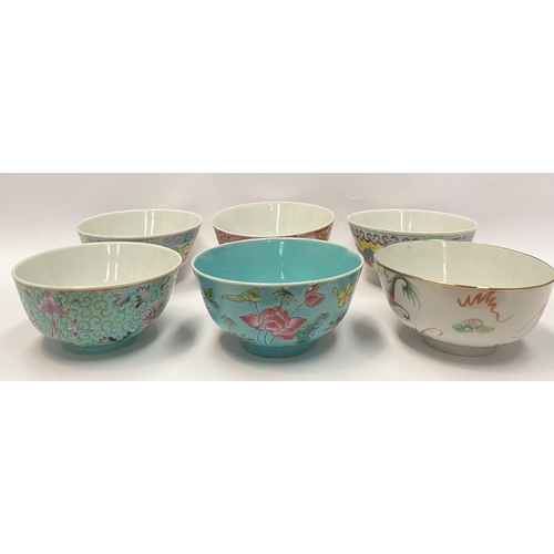 87 - A COLLECTION OF SIX VINTAGE CHINESE RICE BOWLS WITH SPOONS, each finely decorated with intricate han... 