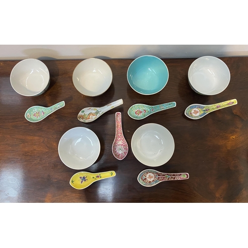 87 - A COLLECTION OF SIX VINTAGE CHINESE RICE BOWLS WITH SPOONS, each finely decorated with intricate han... 