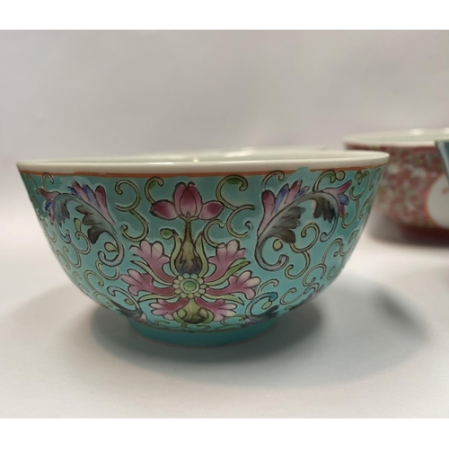 87 - A COLLECTION OF SIX VINTAGE CHINESE RICE BOWLS WITH SPOONS, each finely decorated with intricate han... 