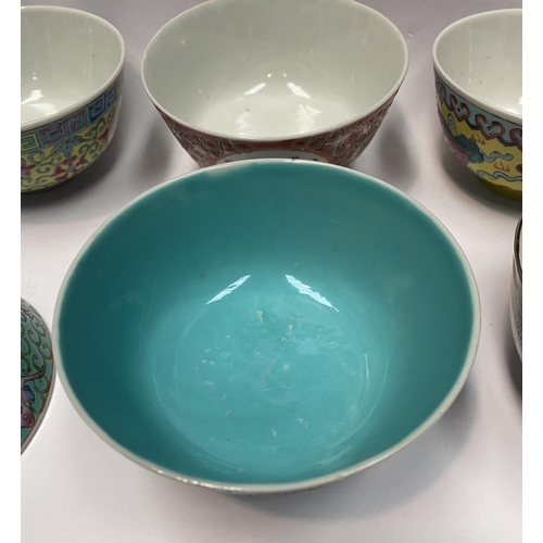 87 - A COLLECTION OF SIX VINTAGE CHINESE RICE BOWLS WITH SPOONS, each finely decorated with intricate han... 