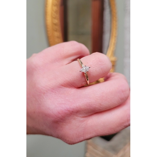 9 - A VERY BEAUTIFUL MARQUISE CUT DIAMOND RING, with a 14ct yellow gold band that tapers towards the cen... 