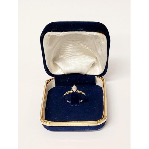 9 - A VERY BEAUTIFUL MARQUISE CUT DIAMOND RING, with a 14ct yellow gold band that tapers towards the cen... 