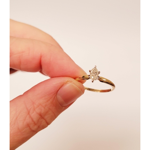 9 - A VERY BEAUTIFUL MARQUISE CUT DIAMOND RING, with a 14ct yellow gold band that tapers towards the cen... 