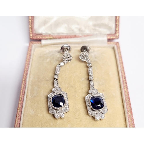 97 - A SPARKLING PAIR OF VINTAGE SAPPHIRE & DIAMOND ART DECO STYLE DROP EARRINGS, each with a central ova... 