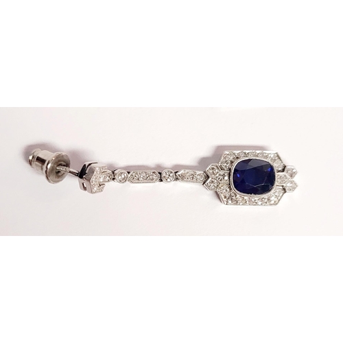 97 - A SPARKLING PAIR OF VINTAGE SAPPHIRE & DIAMOND ART DECO STYLE DROP EARRINGS, each with a central ova... 