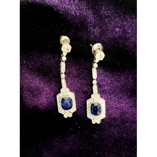 97 - A SPARKLING PAIR OF VINTAGE SAPPHIRE & DIAMOND ART DECO STYLE DROP EARRINGS, each with a central ova... 