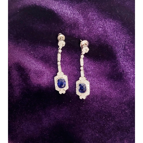 97 - A SPARKLING PAIR OF VINTAGE SAPPHIRE & DIAMOND ART DECO STYLE DROP EARRINGS, each with a central ova... 