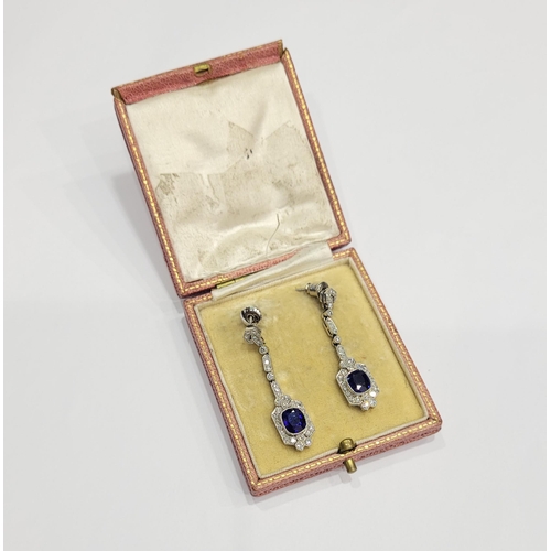 97 - A SPARKLING PAIR OF VINTAGE SAPPHIRE & DIAMOND ART DECO STYLE DROP EARRINGS, each with a central ova... 