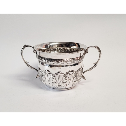 98 - A VERY FINE SOLID SILVER TWO HANDLE BOWL, decorated with beautiful acanthus leaf design to the base ... 