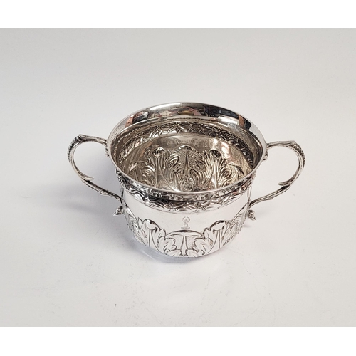 98 - A VERY FINE SOLID SILVER TWO HANDLE BOWL, decorated with beautiful acanthus leaf design to the base ... 