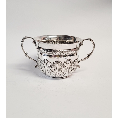 98 - A VERY FINE SOLID SILVER TWO HANDLE BOWL, decorated with beautiful acanthus leaf design to the base ... 