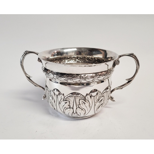 98 - A VERY FINE SOLID SILVER TWO HANDLE BOWL, decorated with beautiful acanthus leaf design to the base ... 